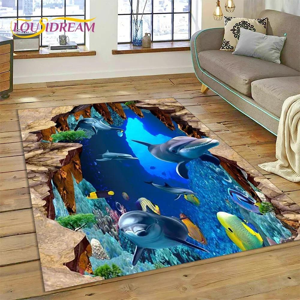 Tappeto Tappeto Decorazione Tappetino per Pavimento Decorazione Cartoon Mondo Sottomarino Illusion 3D Fondo Marino Squalo Delfino per Camera da Letto Soggiorno Divano, Decorazione Bambino