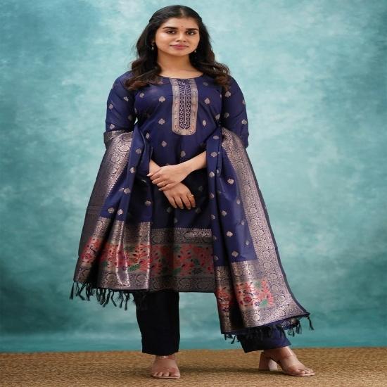 Midnight Blue Regal Chanderi Kurta Set with Banarasi Dupatta