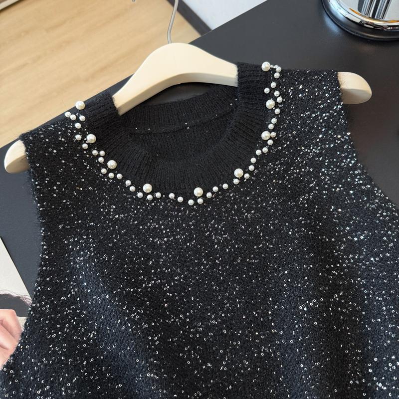 2026 Autumn Winter New Women Sweater Knitting Beading Vintage Lady Tops Pullover Sleeveless Shirt Loose Casual Vest Tank