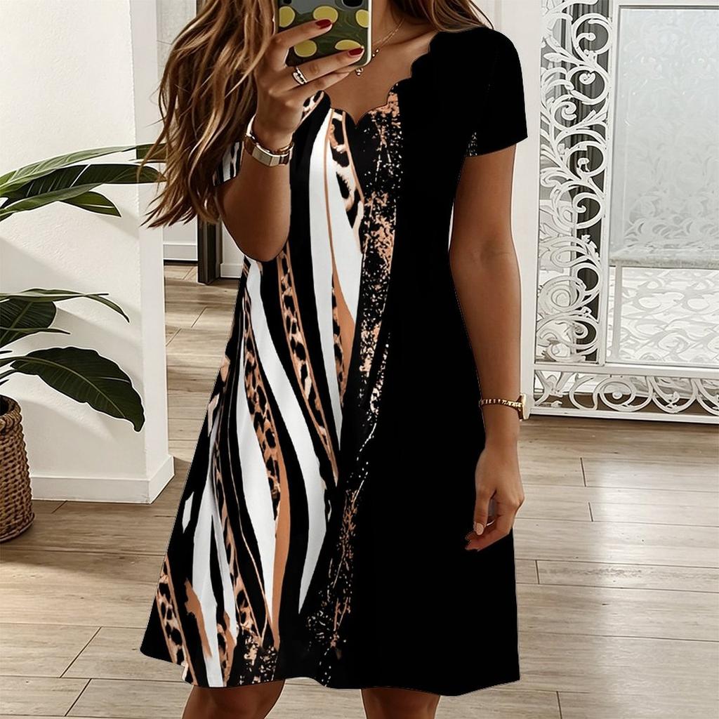 Ladies Oversized V Neck Short Sleeve Dress Tribal Foliage Printed Flowy Dress For Country Tour And Daily Hangout