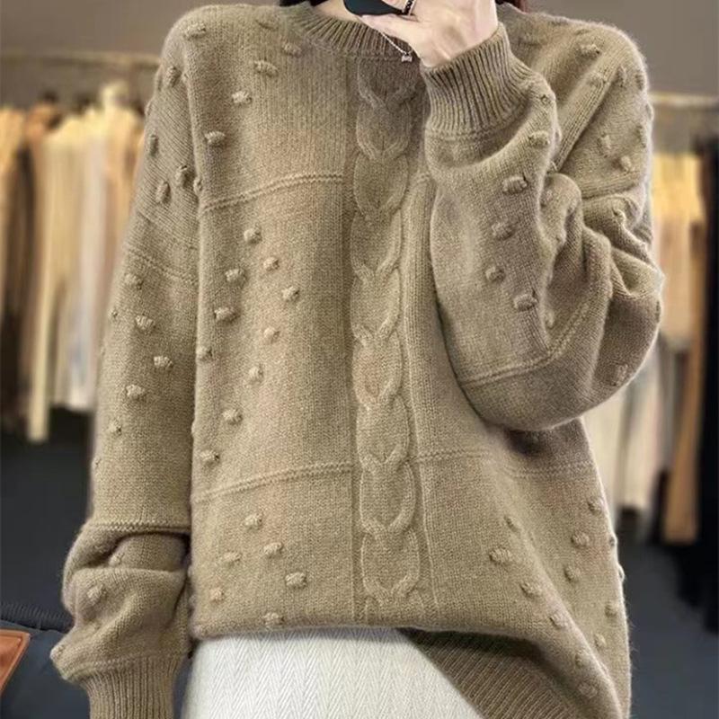 Herbst und Winter Rundhals Damen Strickpullover Rot Vielseitiger Lässiger Stil Dicker Pullover für Damen