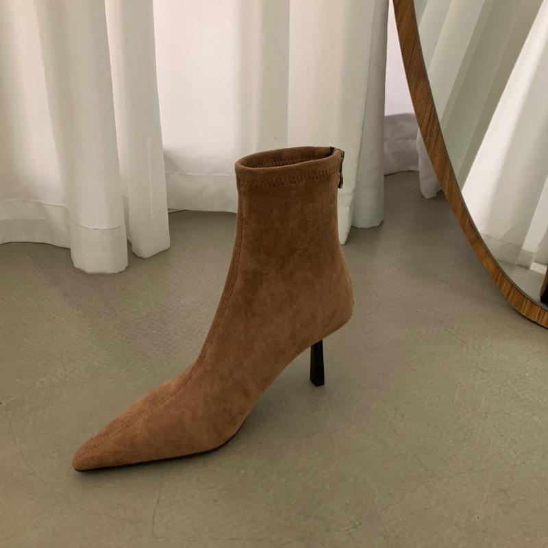 Mode 2025 Nya Höst Högklackade Stretch Slim Dam Ankelstövletter Höst Damer Eleganta Spetsiga Tå Korta Botas Damskor