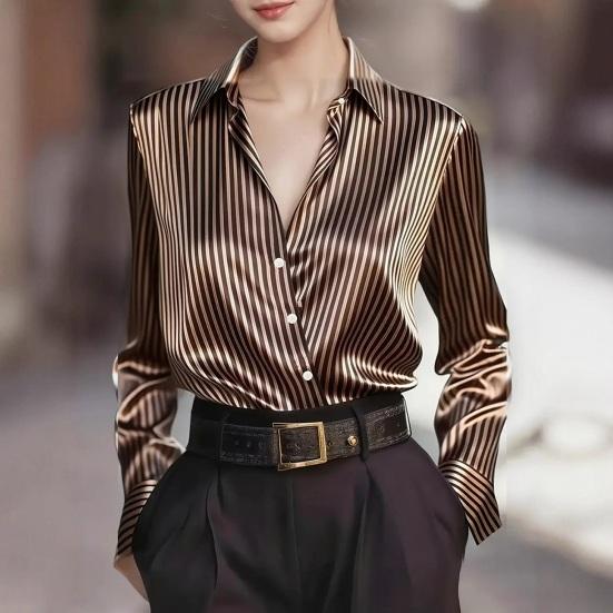 Cămașă Dama Guler Rever Mânecă Lungă Nasturi Fentă Cămăși Topuri Textură Netedă Imprimeu Dungat Croială Largă Casual Cămașă de Lucru