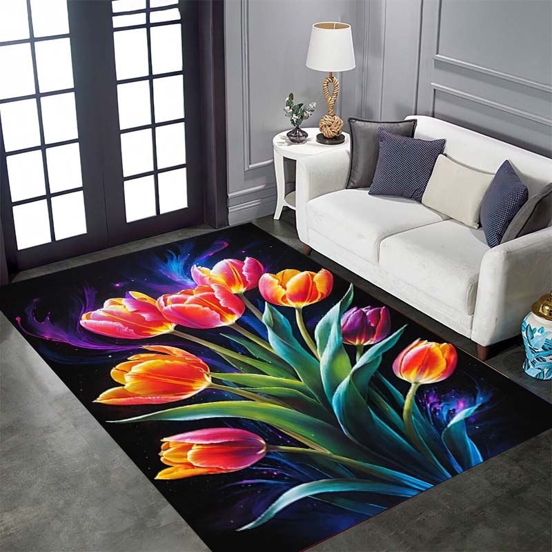 Vintage Floral Tulip Patterned Floor Mat, Non-slip, Machine Washable, Suitable for Living Rooms, Bedrooms, and Home Décor.