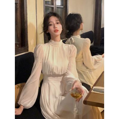 2025 Spring Turtleneck White Midi Dress Women  Long Sleeve French Elegant One Piece Dress Korean Fashion Y2k Clothing Design