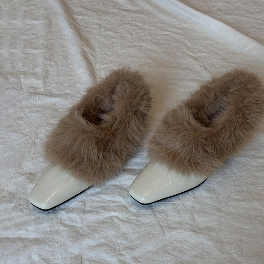 Square head thick heel fluffy shoes one pedal retro plush Mary Jane single shoes commuting warm small leather shoes