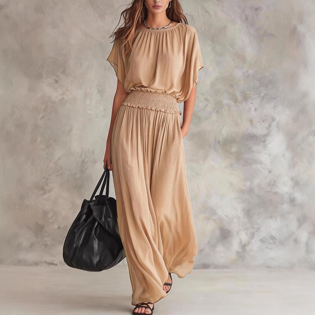 2026 new summer European and American chiffon waist collection elegant exquisite long dress