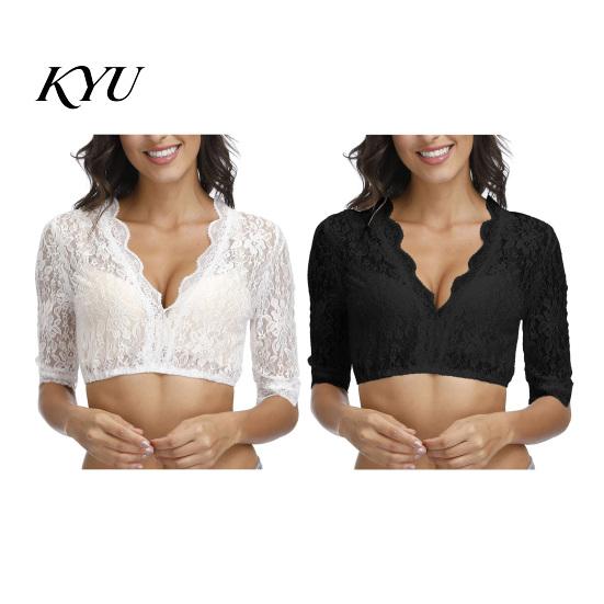 Sexy Lace Tops Women Sheer Crop Top for Oktoberfest, V-Neck Half German Dirndl Blouse Sleeve Cropped Shirt, Bavarian Costume Oktoberfest