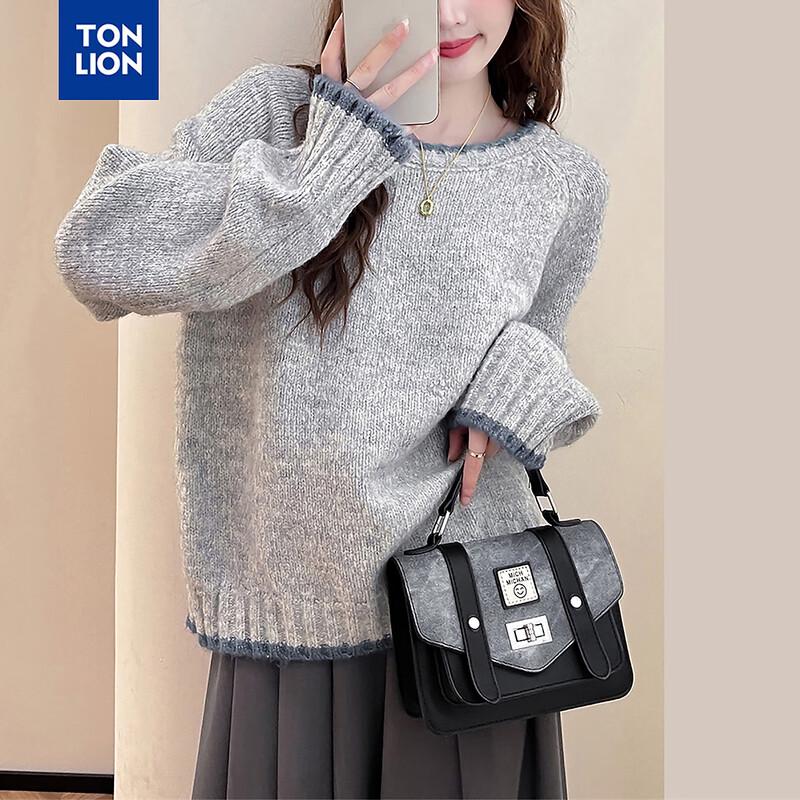 

TANGSHI Women s Contrast Trim Round Neck Pullover Sweater L