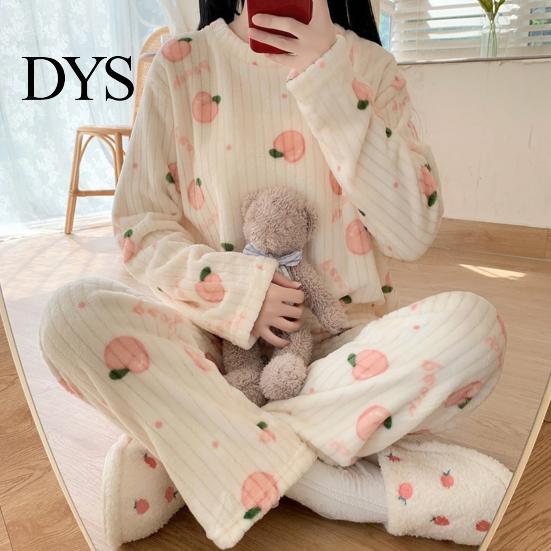 Lady Loungewear 2 Pcs/Set Women Winter Pajamas Set Round Neck Cartoon Bear And Peach Pattern Cozy Long Sleeve Coral Fleece Homewear Top Pants