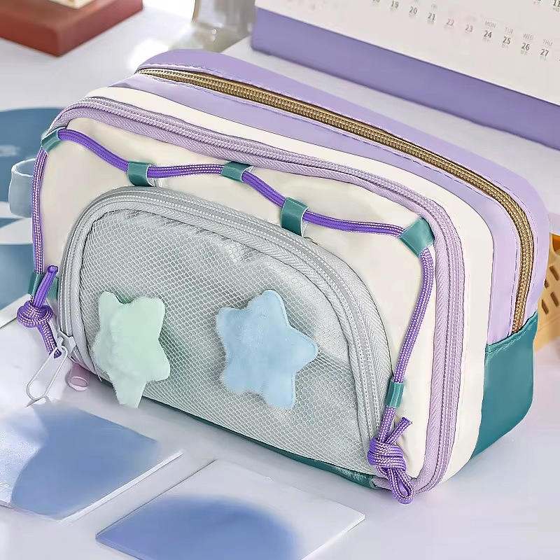 Cute Multi Layer Large Capacity Pencil Case for Kids Girl Five Point Star Stationery Organizer Students Portable Pen Bag