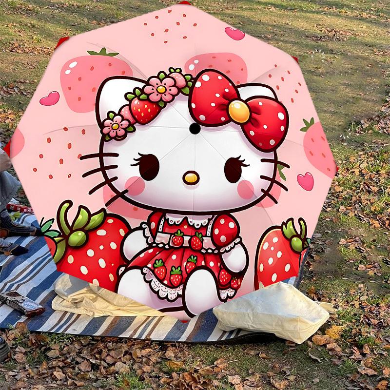 1PC Strawberry Hello Kitty Umbrella-8-Rib Reinforced, Automatic Open, Lightweight & Durable, Cute Fashion Accessory for Outdoor-P31