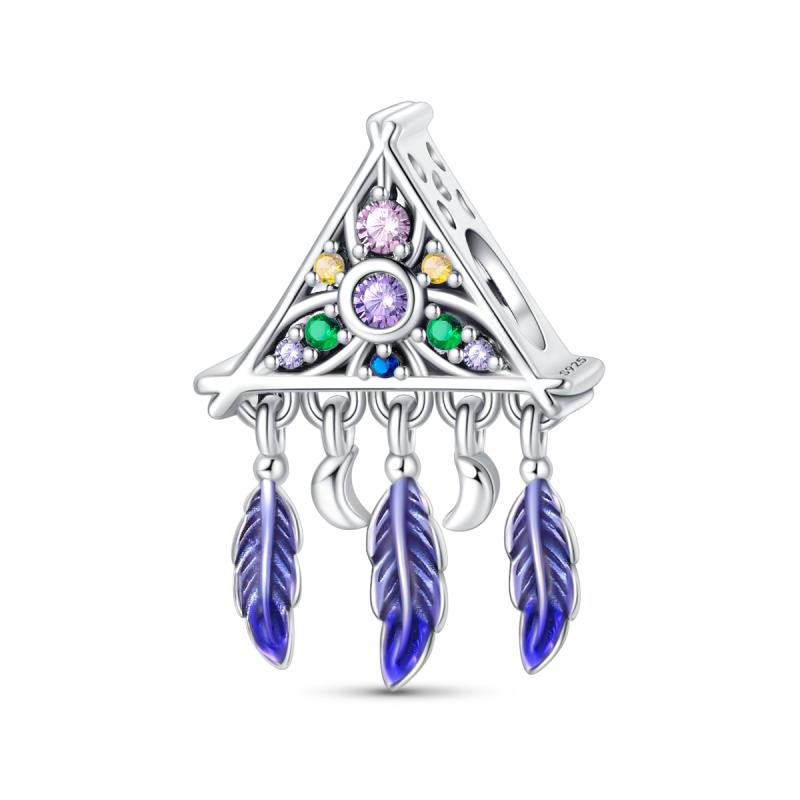 Graceful copper Stars Moon Blue Feather Dream Catcher Dangle Charm Compatible With Authentic Bracelets Exquisite Gift Ideal For women