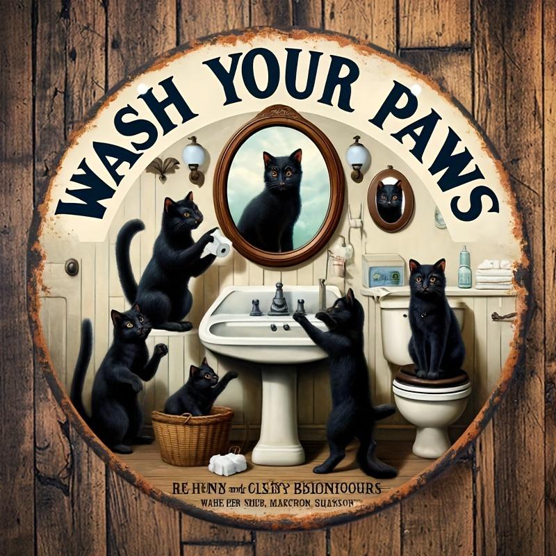 Vintage Black Cat Aluminum Sign - 8"x8" Round Metal Wall Decor for Bathrooms, Garages, Home Bars, Man Caves and Outdoor Spaces