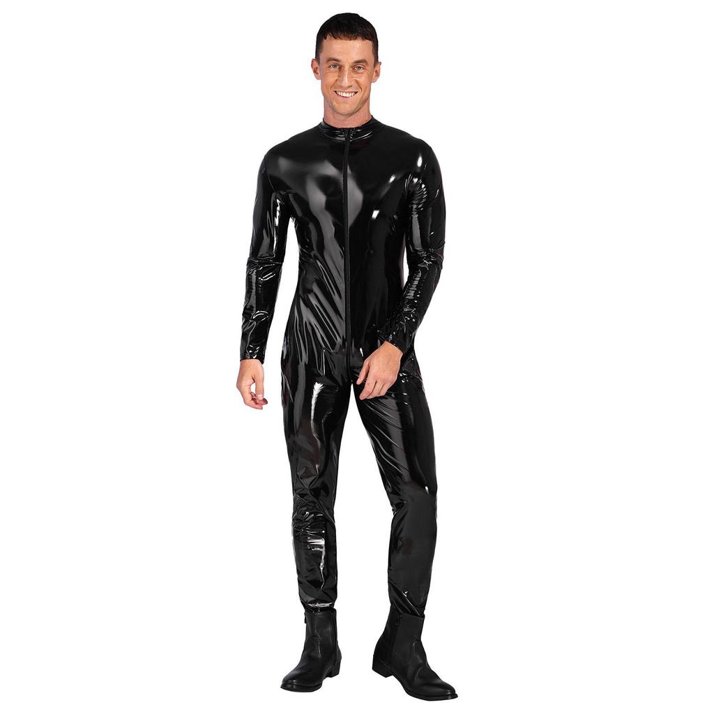 Mens Long Sleeve Bodysuit Jumpsuit Stand Collar Patent Leather Shiny Catsuit Party Clubwear