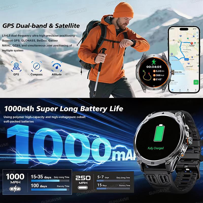 New 1000mAh Big Battery GPS Smart Watch Men 10ATM Waterproof Rugged Military Clock Map Path Tracking Bluetooth Call Smartwatch