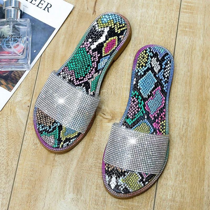 

20 spring new flat-bottomed cool slippers women s open-toed rhinestone one-word women s shoes 43