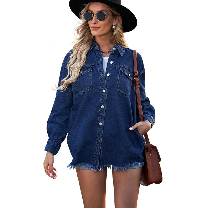 

New washed denim shirt jacket women s autumn and winter personality street style edging hem jacket women 2XL