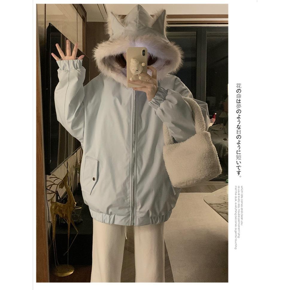 Kawaii Y2K Jacket Winter Fur Collar Sweet Hooded Women Thick Jacket Casual Tops Zipper Loose Hooded Coat Clothes
