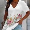 Women V Neck Short Sleeve Top White Base Watercolor Pink Rose Floral Butterfly Print Blouse