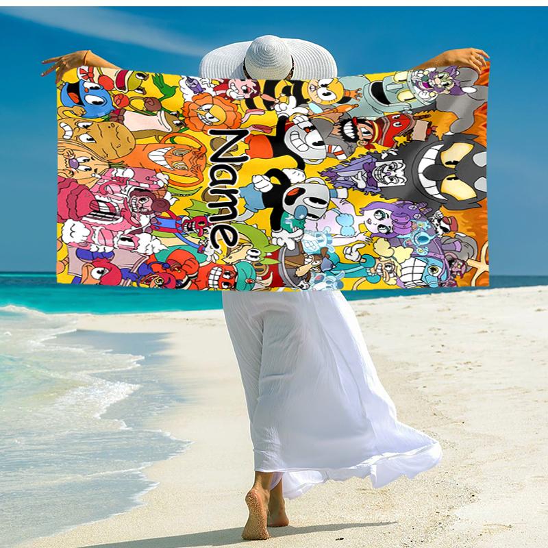 Personalized customized proof beach towel with Cuphead pattern - soft, absorbent, quick-drying, perfect swimming, camping&bathing