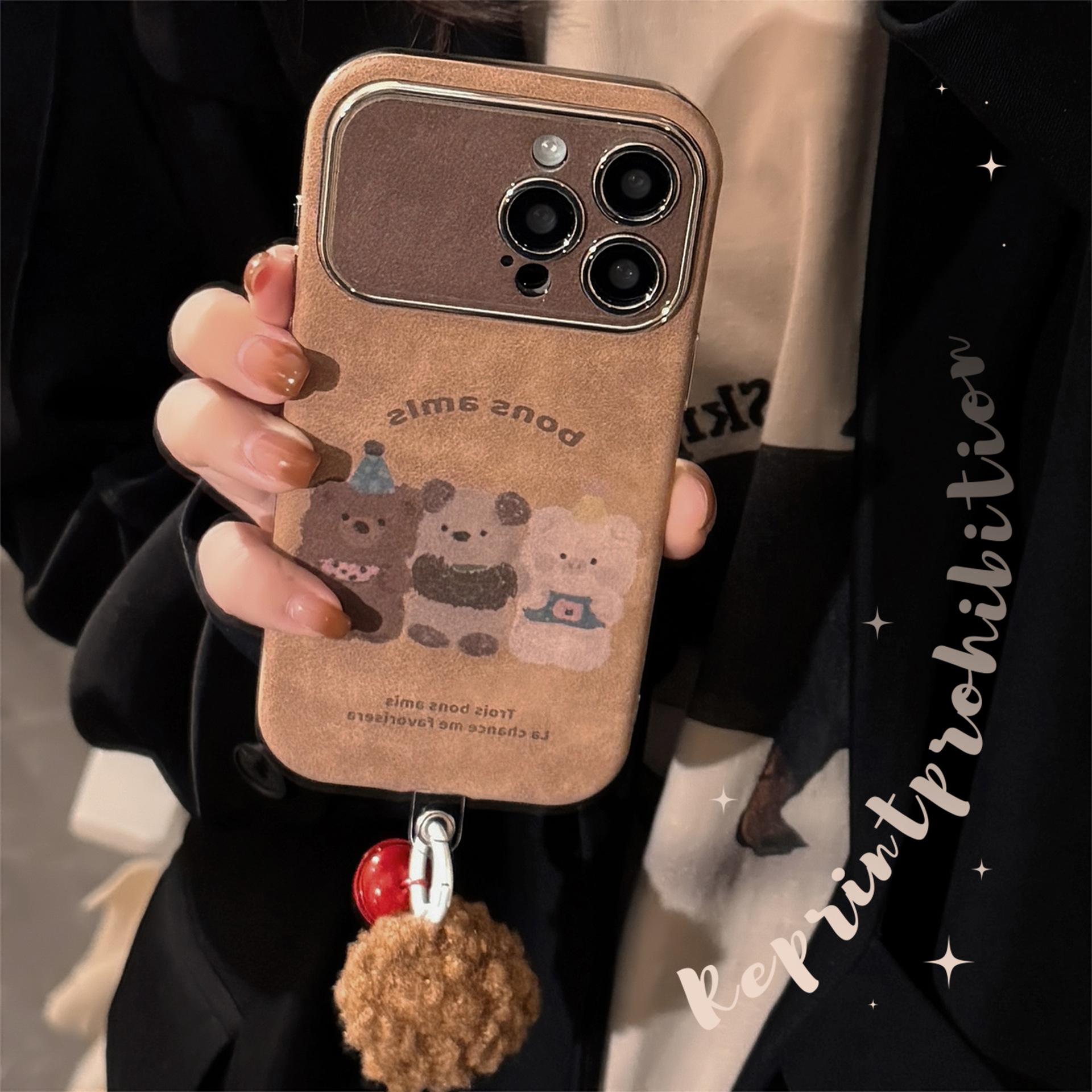 

Cartoon Animal Suede Phone Case with Wool Ball Rope for iPhone 13/14/15 Pro Max/16 14