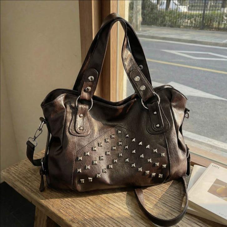 2026 New Korean Style Women's Bag Trendy Handbag Large Capacity Tote Bag Rivet Shoulder Underarm Bag Daily Commute Fashi Purse