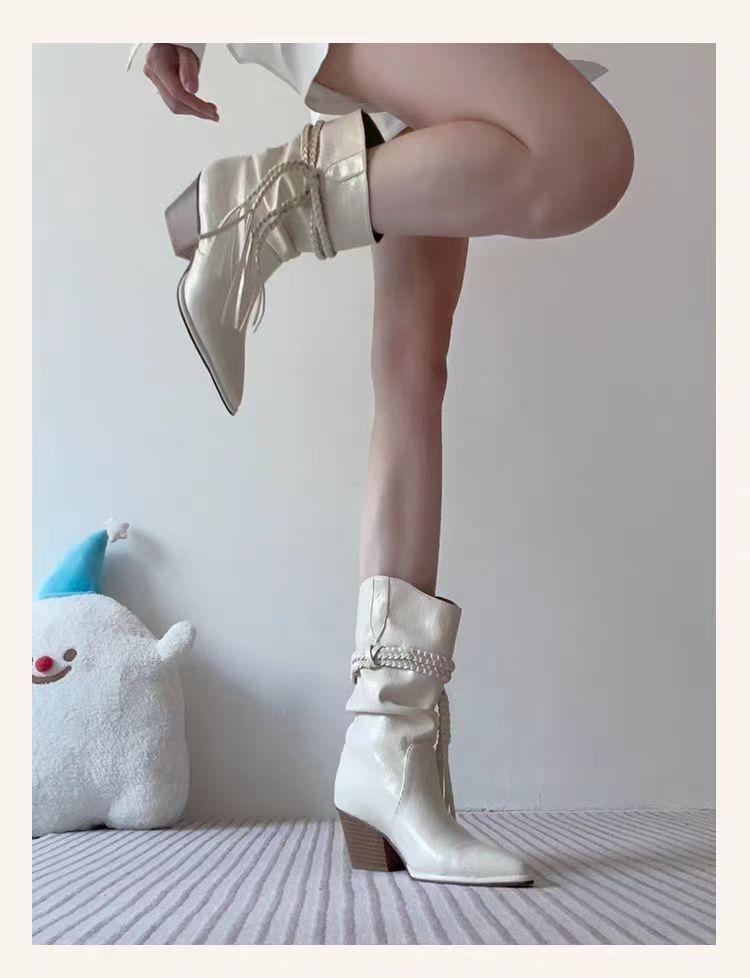 

Ботинки Женские Новые Кисточки Пеньковая Веревка Ботинки Мартина Острый Носок Толстый Каблук Ботинки с Подкладкой Западные Ковбойские Ботинки 42