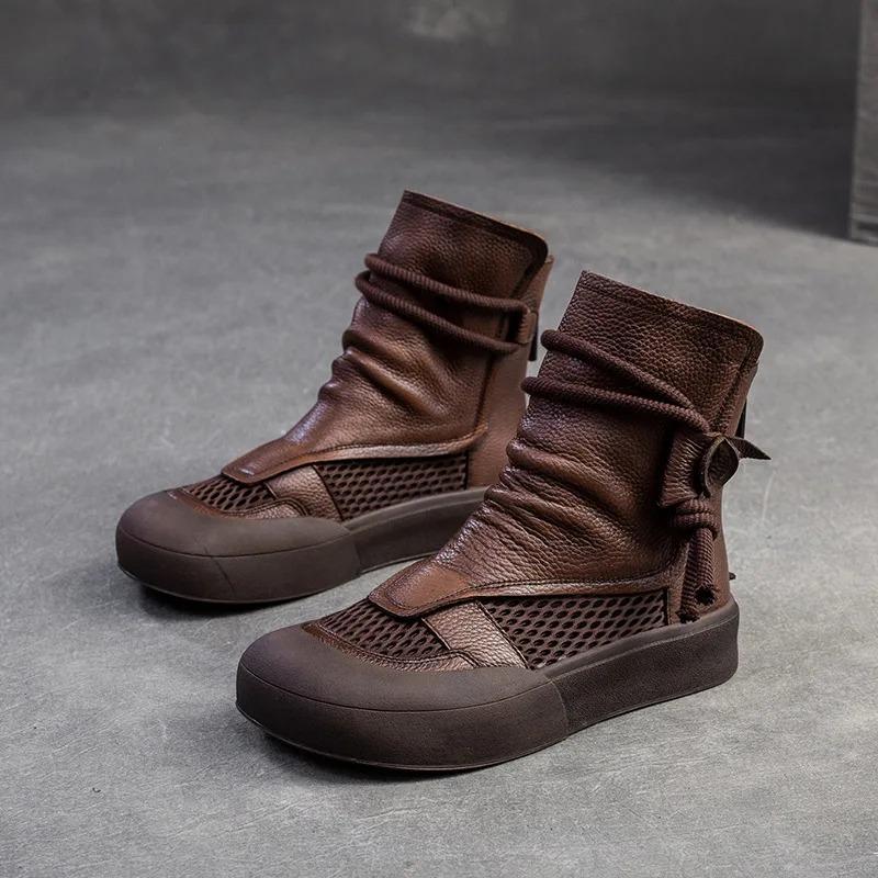 2025 New Retro Summer Woman Hollow Breathable Ankle Boots Genuine Leather Back Zipper Roman Sandals Thick Sole Women's Shoes