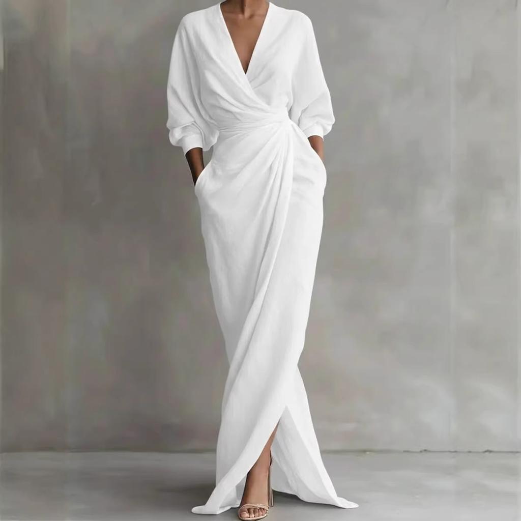 Rosa V-Ausschnitt Maxikleid mit hohem Schlitz und Bindegürtel