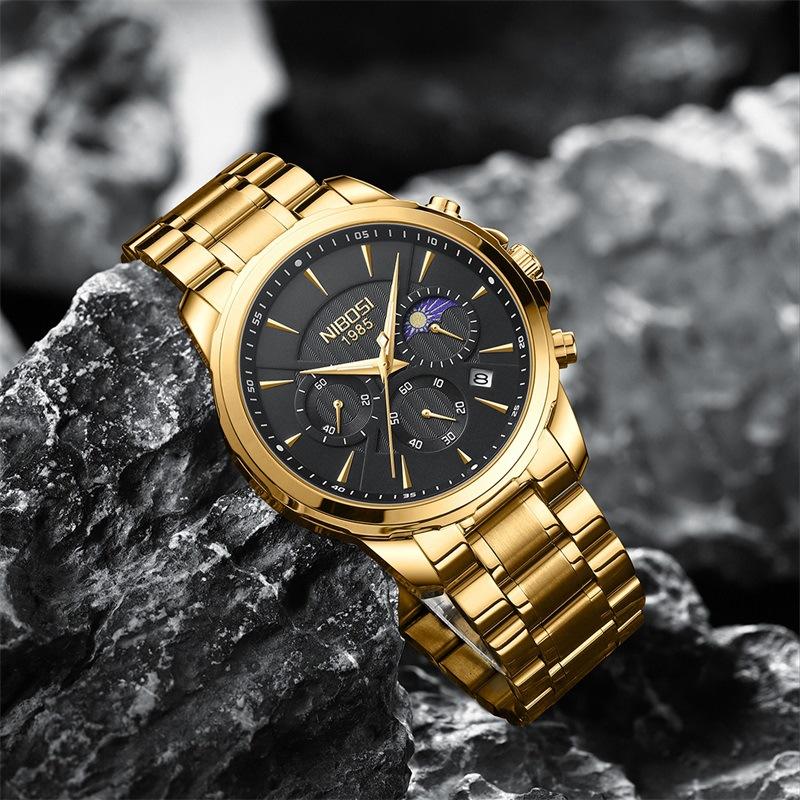 Fashion New Gold Sun Moon Stars Men'S Moon Phase Watch Solid Steel Belt Calendar Men'S Watch