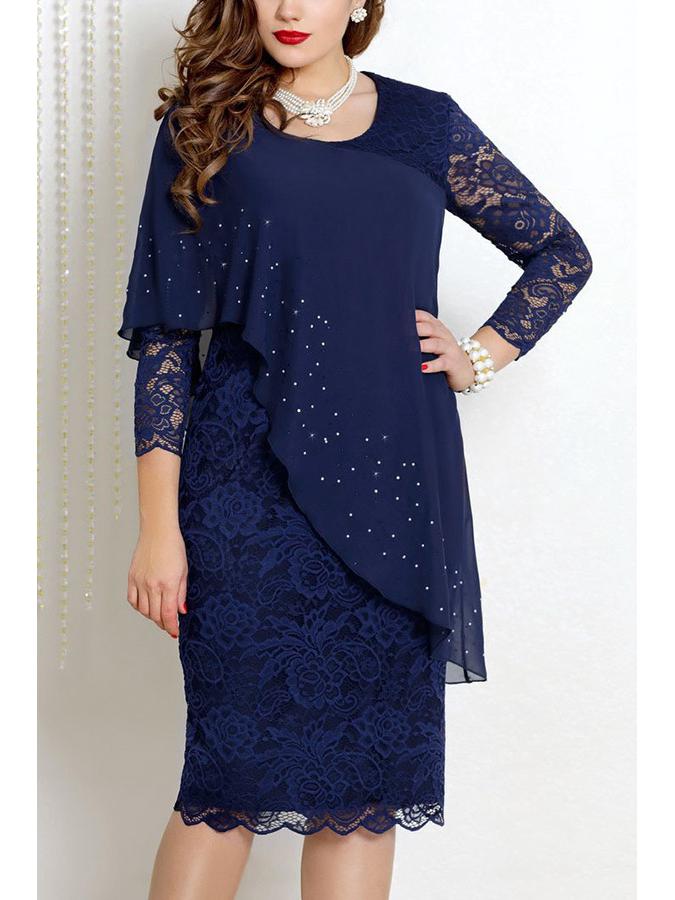 Elegant Lace-Trimmed Solid Color Slim Dress with Three-Quarter Sleeves