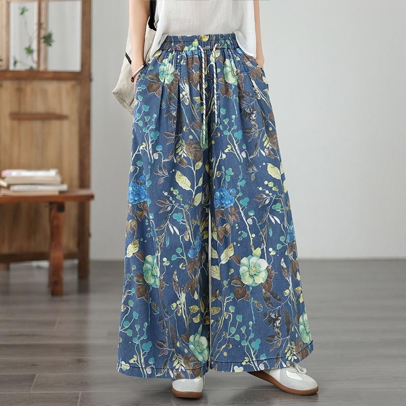 plus size Vintage floral high waist casual loose long Women Spring summer autumn jeans denim wide leg Pants