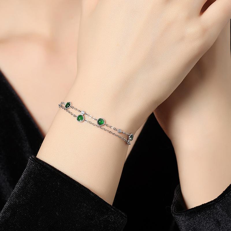 Fashion commuter natural jadeite yang green double row design inlaid women's light luxury versatile bracelet fashion retro jewelry gift