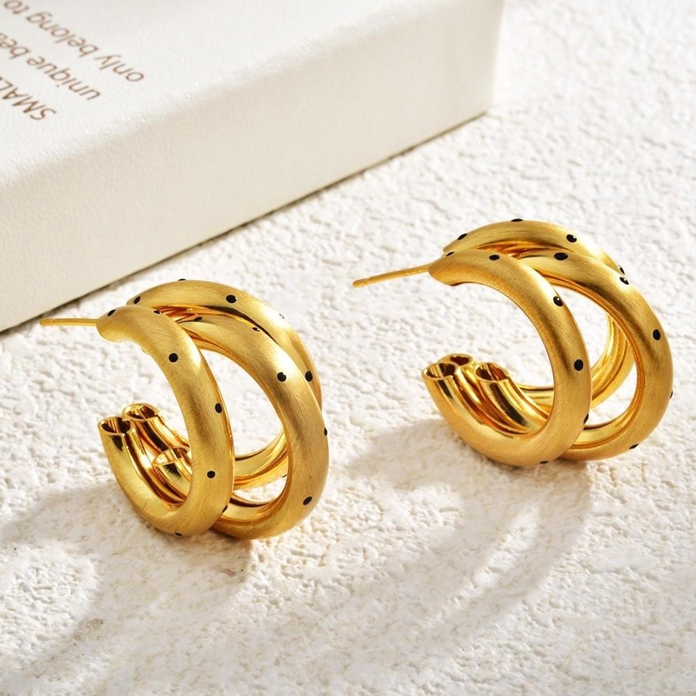 1 Pair Black Polka Dots Hoop Earrings Brushed Finish Circular Ear Rings Daily Outfit