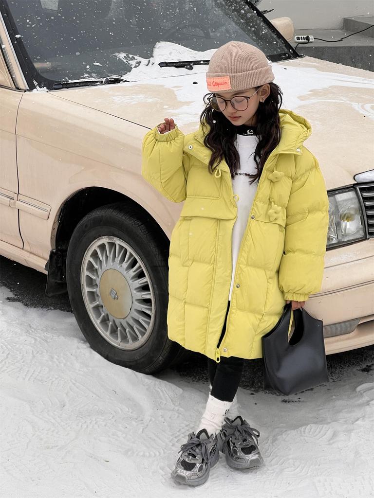 2025 Winter Girls' Warm Mid-Length Solid 90% White Duck Down Puffer Jacket