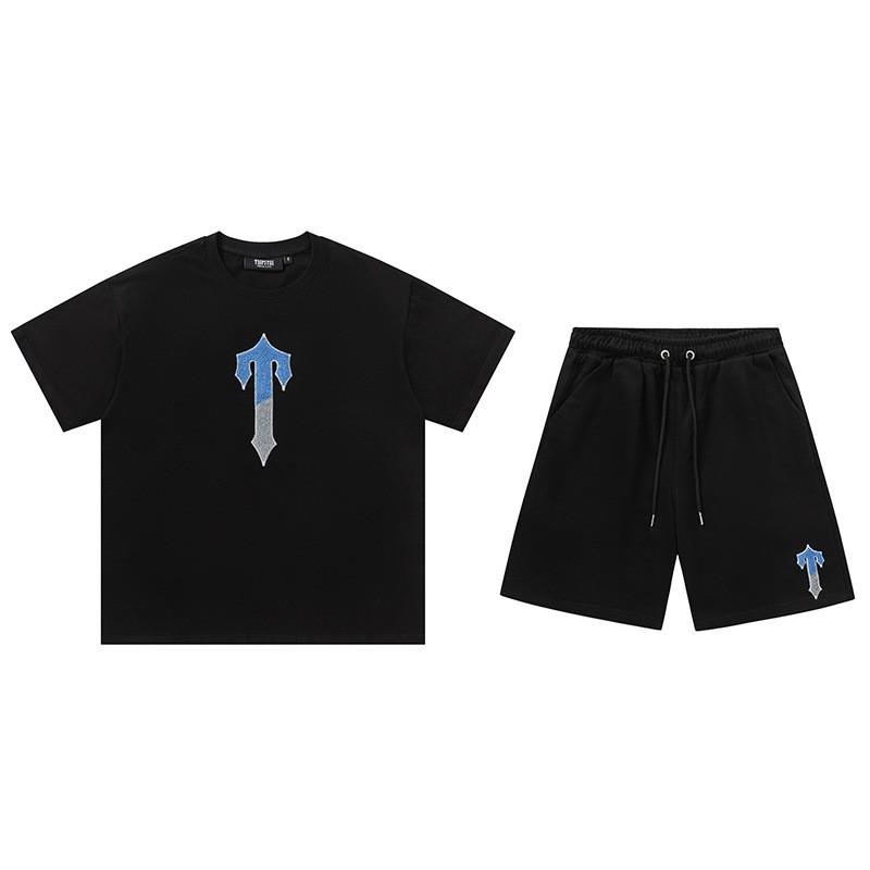 Mens Gradient Letter Embroidered Cotton Tee Shorts Set Streetwear Casual Outfit