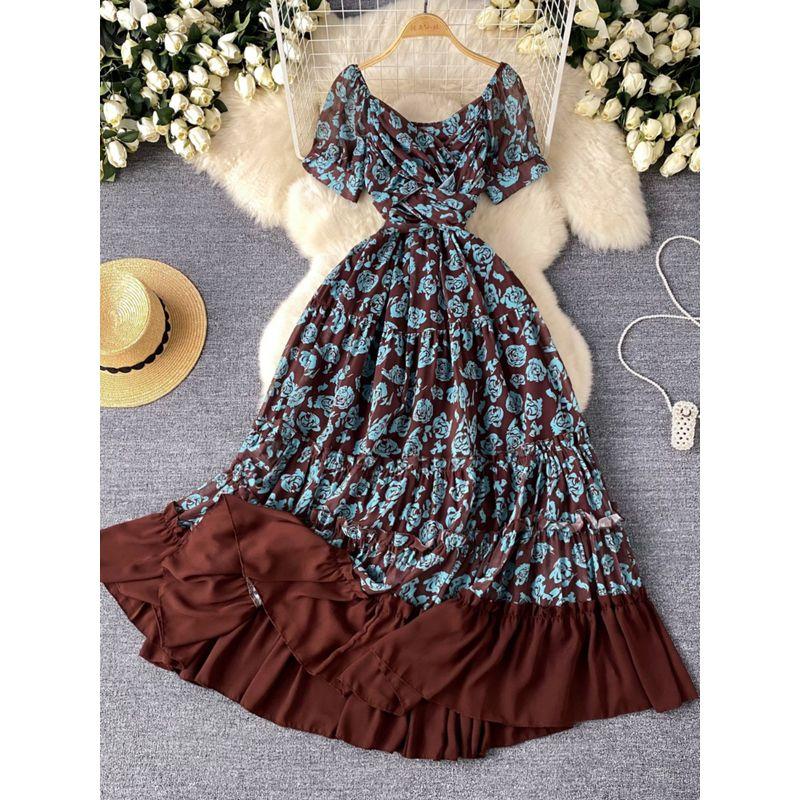 Tea Break French Style Fancy Floral Dress Women's Summer Stylish Waist-Tight Seaside Vacation Style Fairy Long Skirt