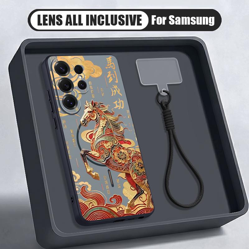 Vintage Lucky Golden Horse Case For Samsung S26 S25 Ultra S24 S23 FE S22 A15 A16 A17 A35 A36 A37 A54 A55 A56 A57 5G Hybrid Magnetic Matte Cover