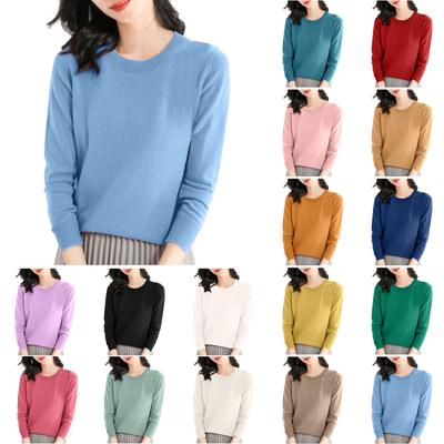 Suéter feminino de malha de manga comprida, gola redonda, solto, fino, top