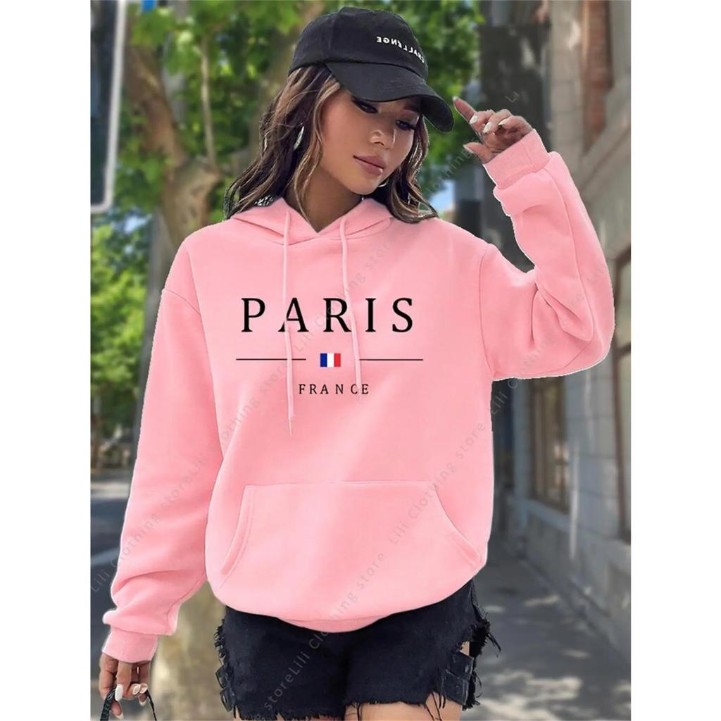 PARIS Graphic Letter Hoodies Women's Hooded Sweatshirt Pullover Top Aesthetic Y2K Street Sport Clothing Woman Hoodie PINK BLACK