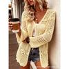 Women V Neck Long Sleeve Hollow Out Knit Cardigan Sun Protection Beach Cover Up Outerwear