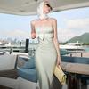 2026 European and American summer new elegant temperament wind solid color lace bow suspender tube top dress women