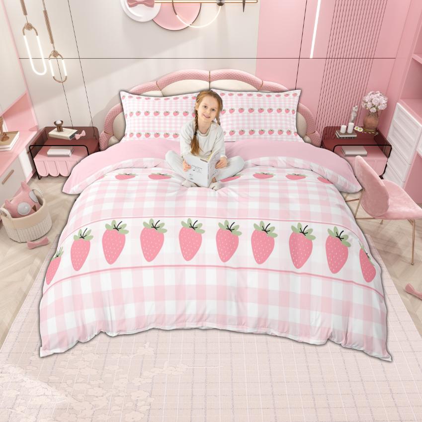 Homewish Colorful Floral Duvet Cover Set For Girls 2Pcs/3Pcs Cute Daisy Strawberry Bedding Cherry Flower Checkered Bed Set