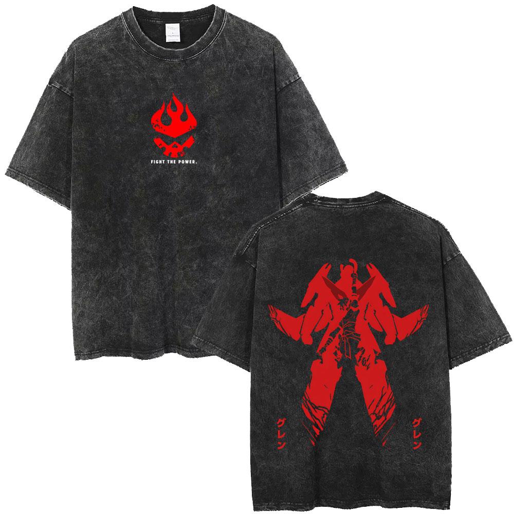 Anime Tengen Toppa Gurren Lagann Spiral Power Simon Vintage Washed T-shirt Manga Oversized T Shirts Cartoon Streetwear Unisex