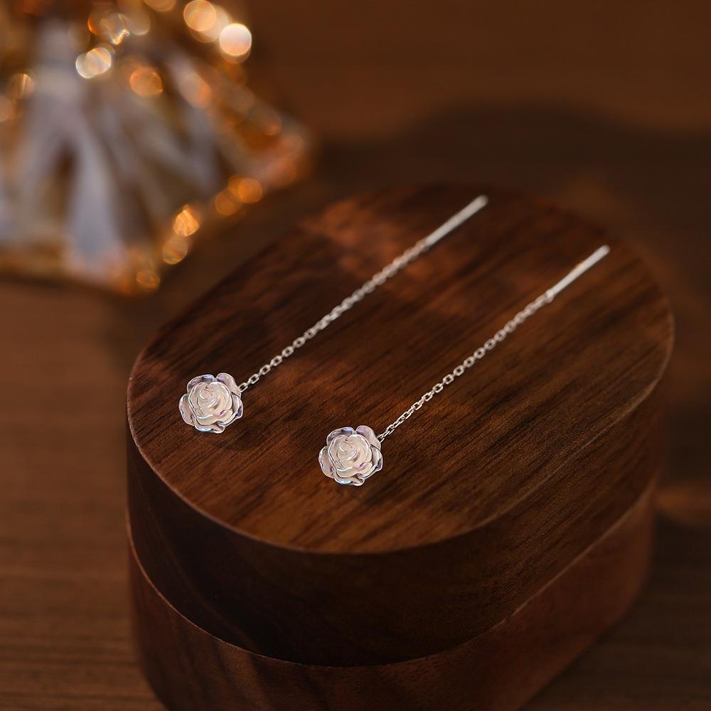 Colorful White Rose Earrings for Women, Light Luxury, High-end, Sweet Tassel Earrings, Elegant Earrings
