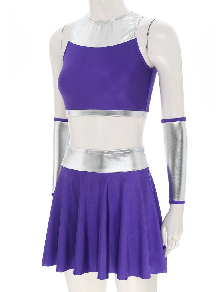 Womens 4Pcs Set Super Women Cosplay Costumes Outfits Crop Tops with Skirts Gloves for Halloween