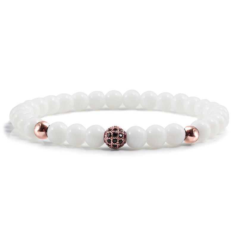 Black Frosted Copper Bead Bracelet with Micro-Inlaid Black Diamond and White Porcelain, Elastic Rope Jewelry for Men and Women.
