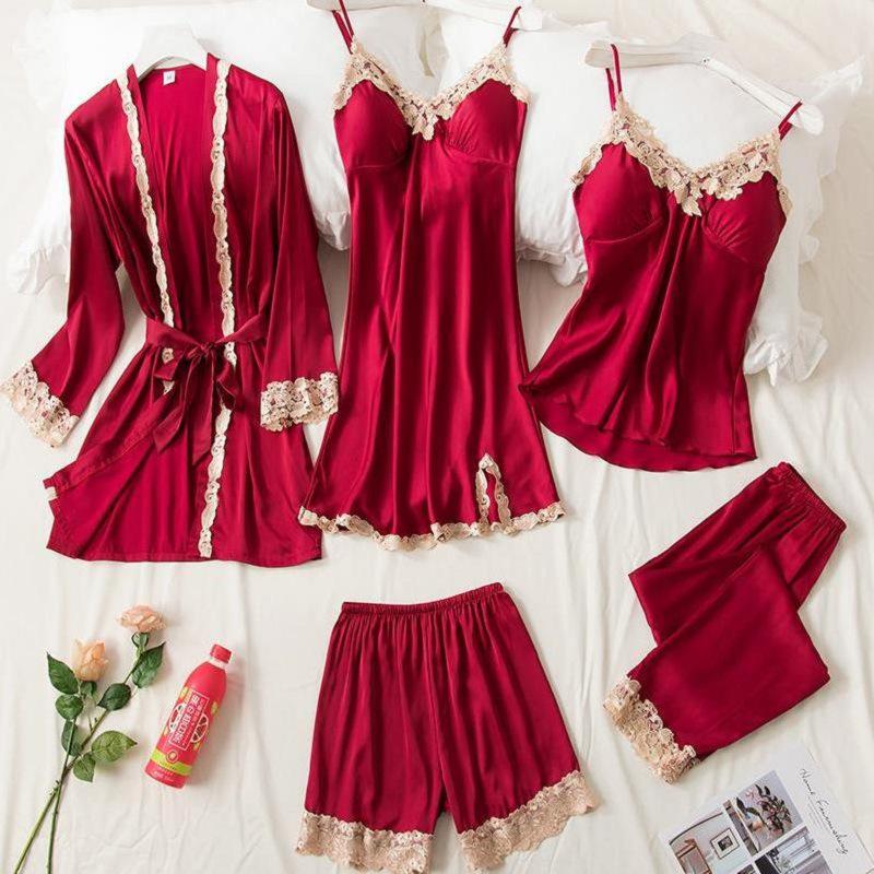Women's Silk Five-Piece Pajama Set: Spring/Autumn Nightdress & Robe with Chest Pad