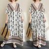 DIMANAF Summer Women New 2025 Basic Plus Size V-Neck Dress Casual Linen Printing Short Sleeve Dress Loose Dress